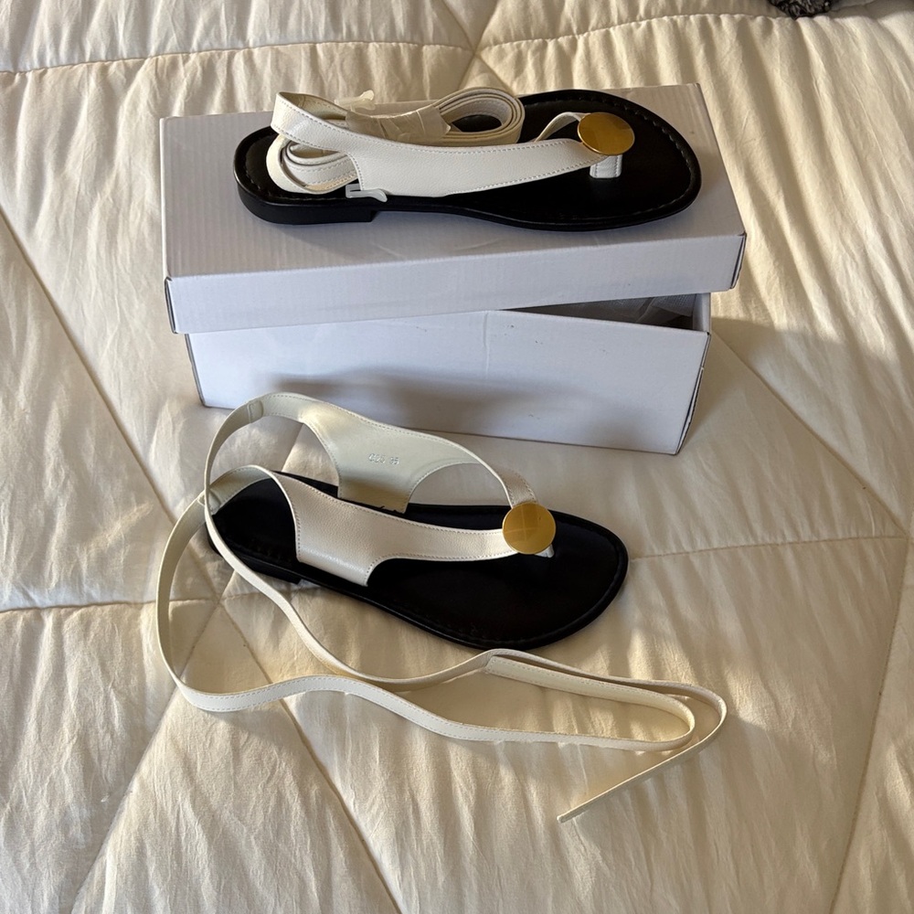 Women’s White Leather Tie Sandals with Gold Accent